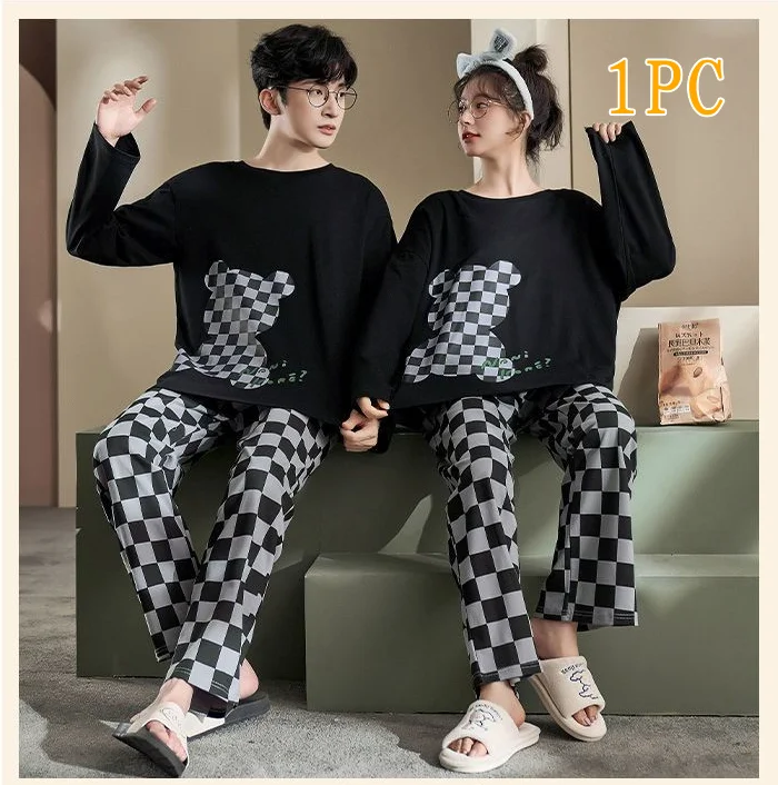 Cotton Couple Pajamas Set Women Men Long Sleeves Pants Home Clothing Casual Loose Sleepwear Cartoon Striped Plaid Loungewear 3XL