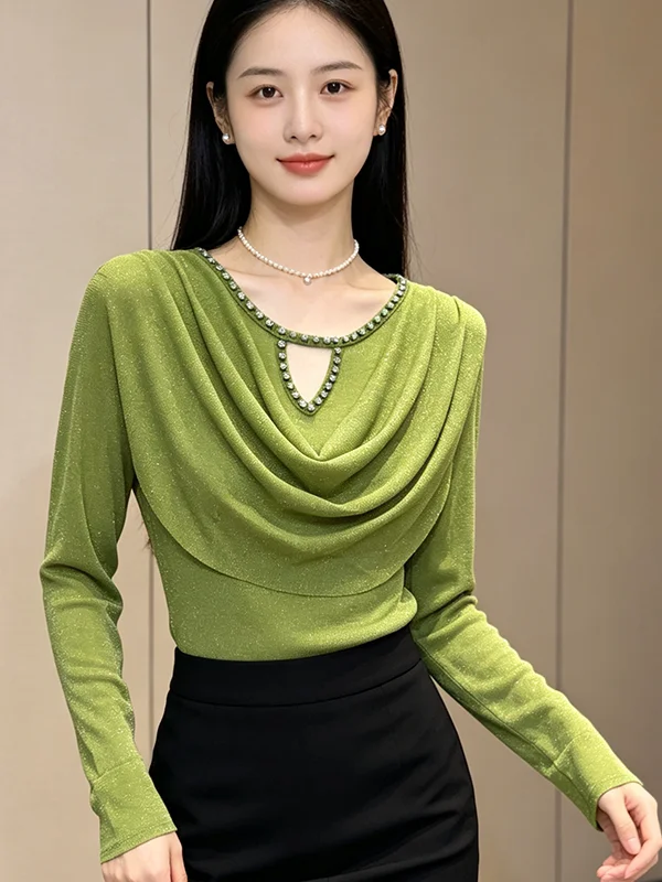 Slimming Effect Diamond Embedded Long Sleeve Elastic Shiny Thread Base Shirt Autumn New Style Women's Fashionable Knitted T-s...