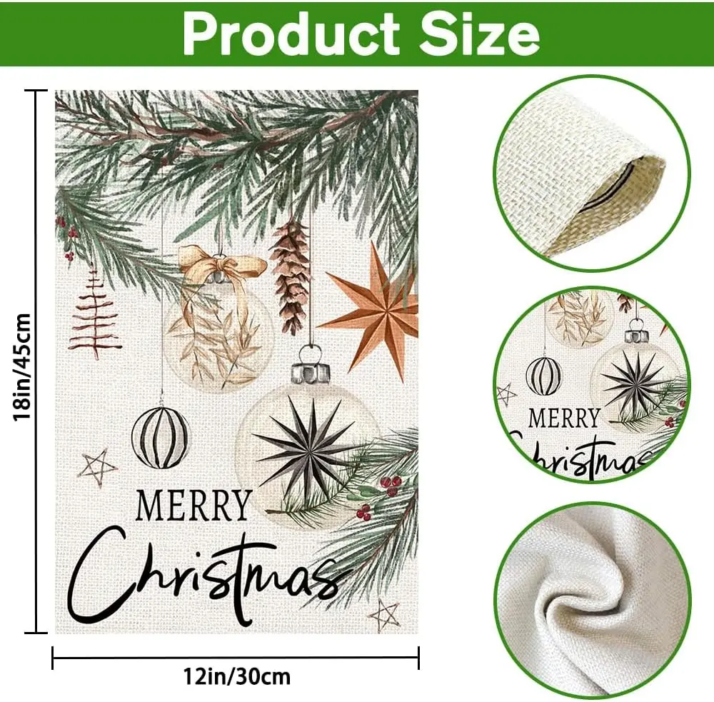 Christmas Garden Flag, Xmas Balls Pine Leaves Double Sided Burlap Winter Holiday Yard Flag for Home Farmhouse Porch Lawn Out zzo