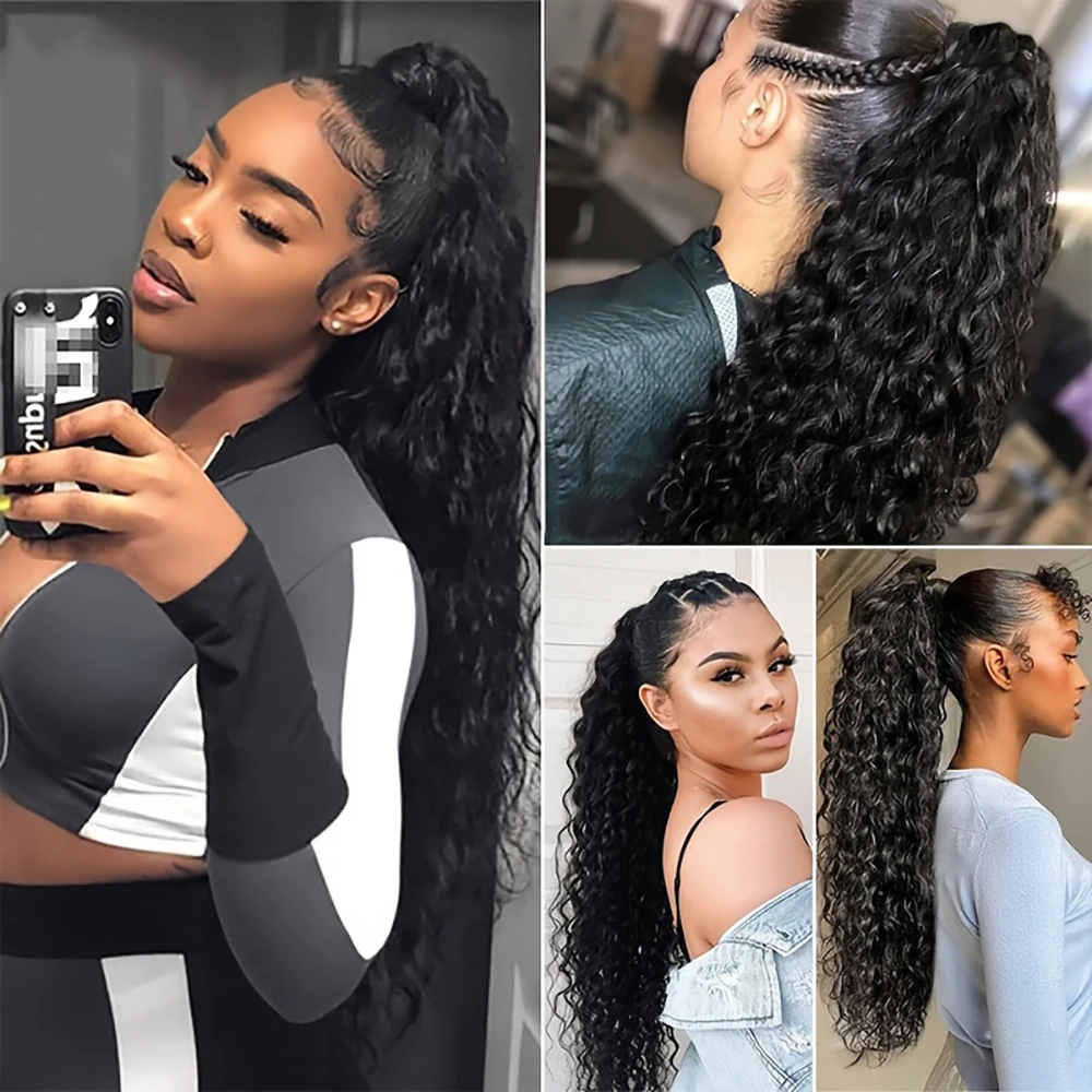 8-30 بوصة شعر مموج مائي ذيل حصان مع معجون سحري 100% شعر بشري برازيلي ذيل حصان ملحقات شعر طبيعي للنساء