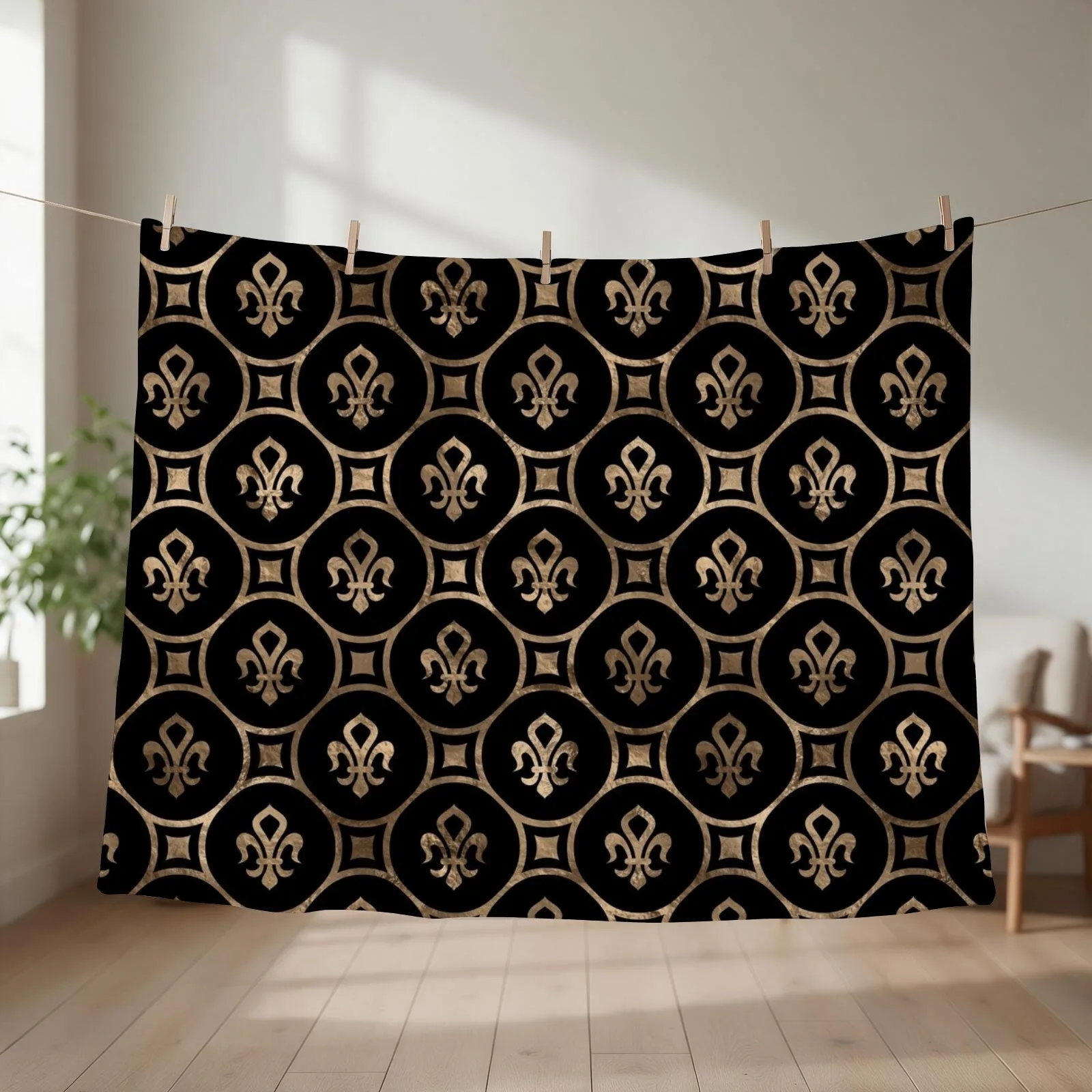 Fleur-de-lis pattern - Black and Gold Throw Blanket Hairy Luxury Thicken Warm Giant Sofa Blankets