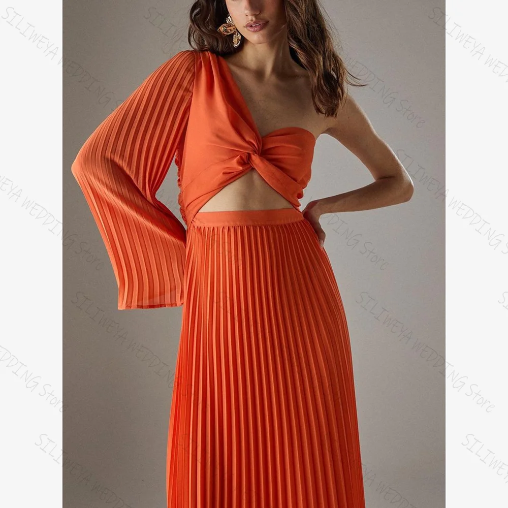 

Orange One Shoulder Fashion Pleated Chic Prom Dresses A-Line Tea-Length Female Party Evening Gown