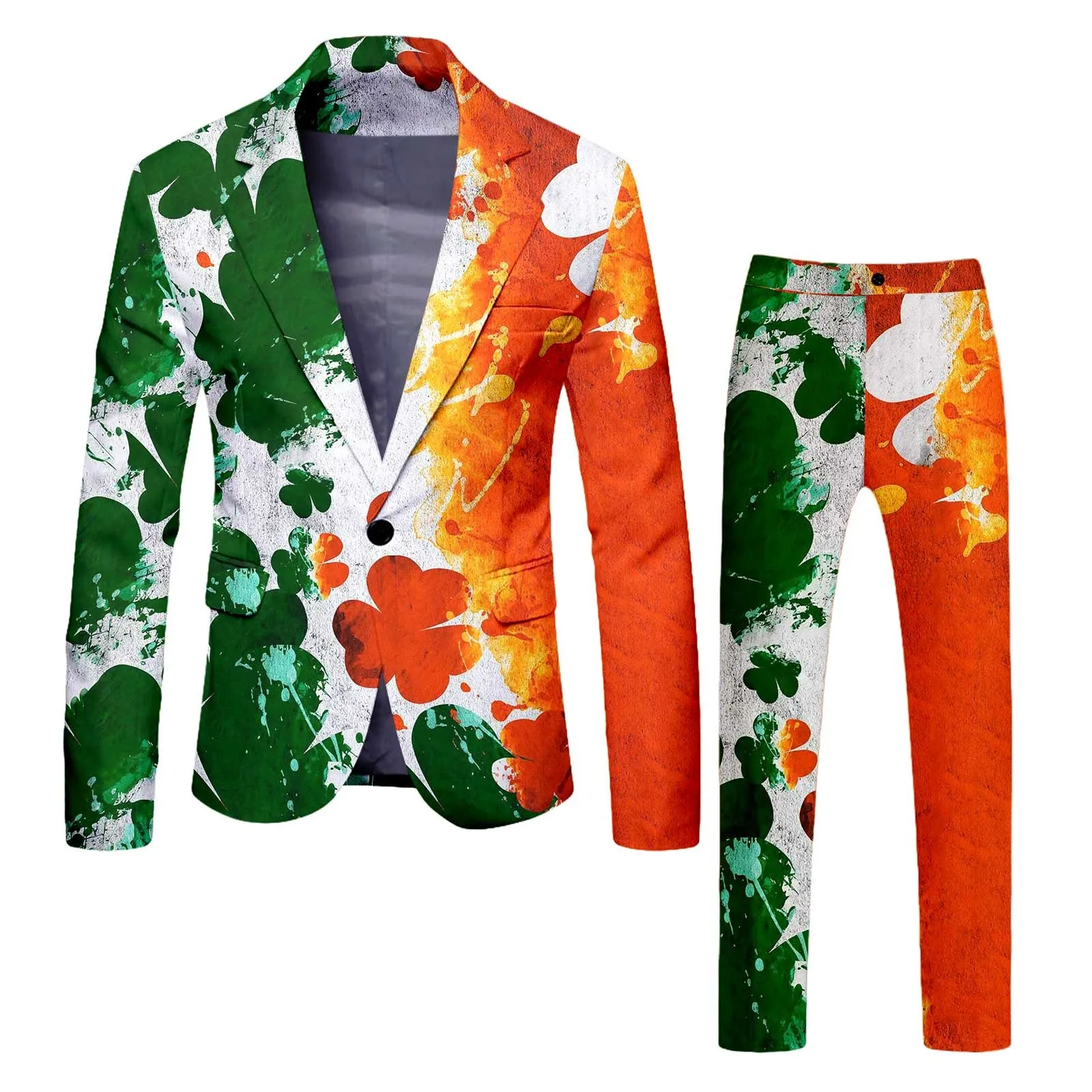 Abiti da uomo St Patricks Day Clovers Print Patchwork giacche Blazer con bottone singolo + set di pantaloni festa dello sposo set di 2 pezzi Slim di lusso