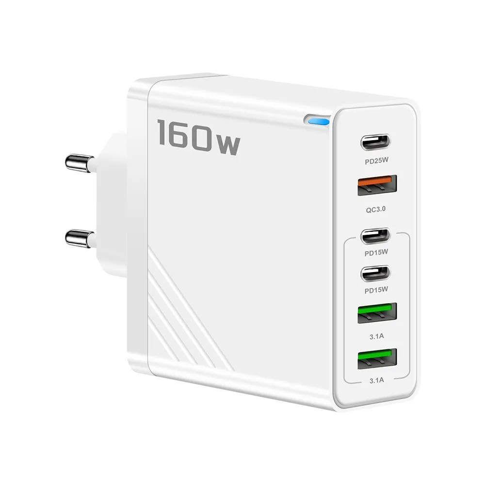 

6 Ports 160W Charger Plug USB A+C EU/US/UK Phone Charger Adapter Fast Charging with LED for iPhone/Xiaomi/Samsung