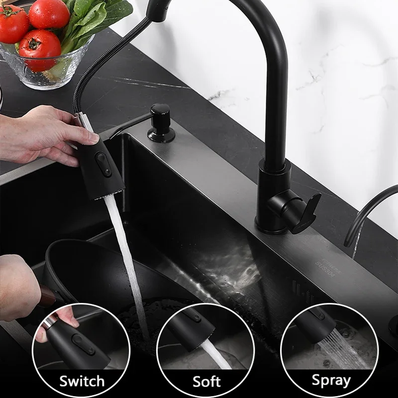 Stainless Steel Kitchen Sink Faucet Single Hole Dual Use Cold and Hot Water Wash Vegetable Extended Rotatable Pull-Out Type Tap