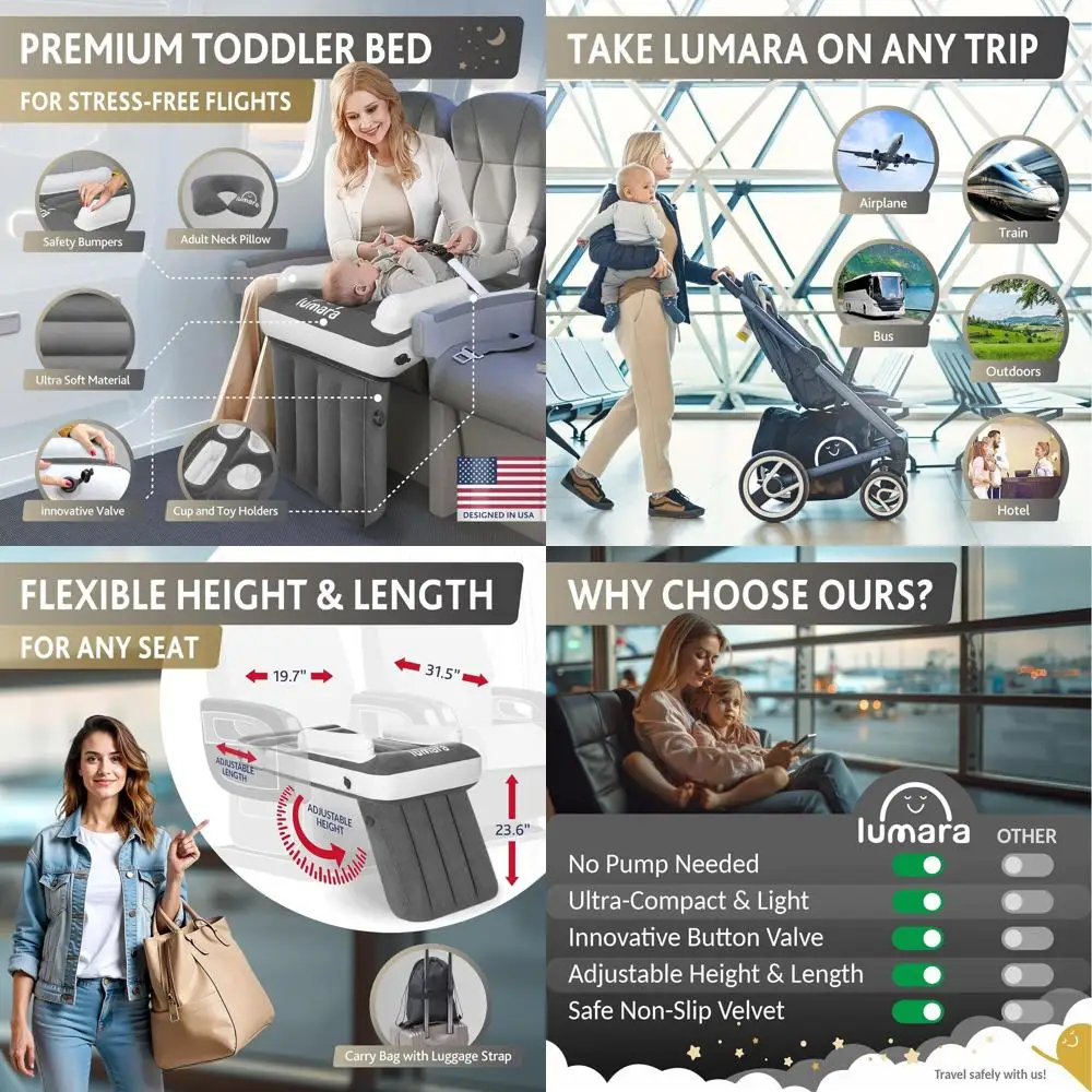 Cama inflable de avión para niños pequeños, colchón de aire para niños para dormir en viajes en avión con cinturón de seguridad, sin necesidad de bomba, válvulas innovadoras