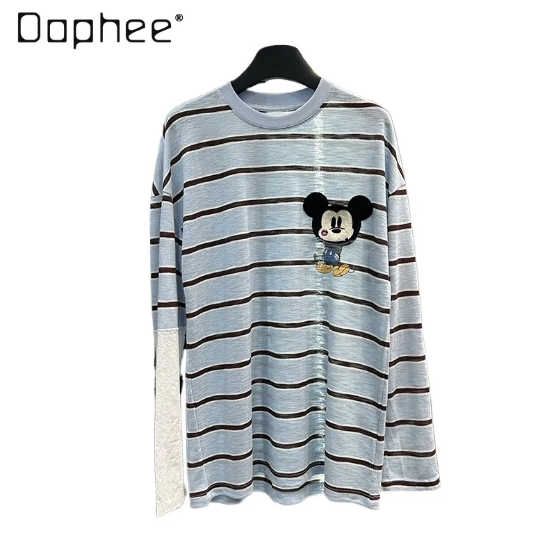 

European Striped Medium and Long T-shirt Long-sleeved Women's Heavy Industry Cartoon Embroidery Loose and Versatile Thin Top