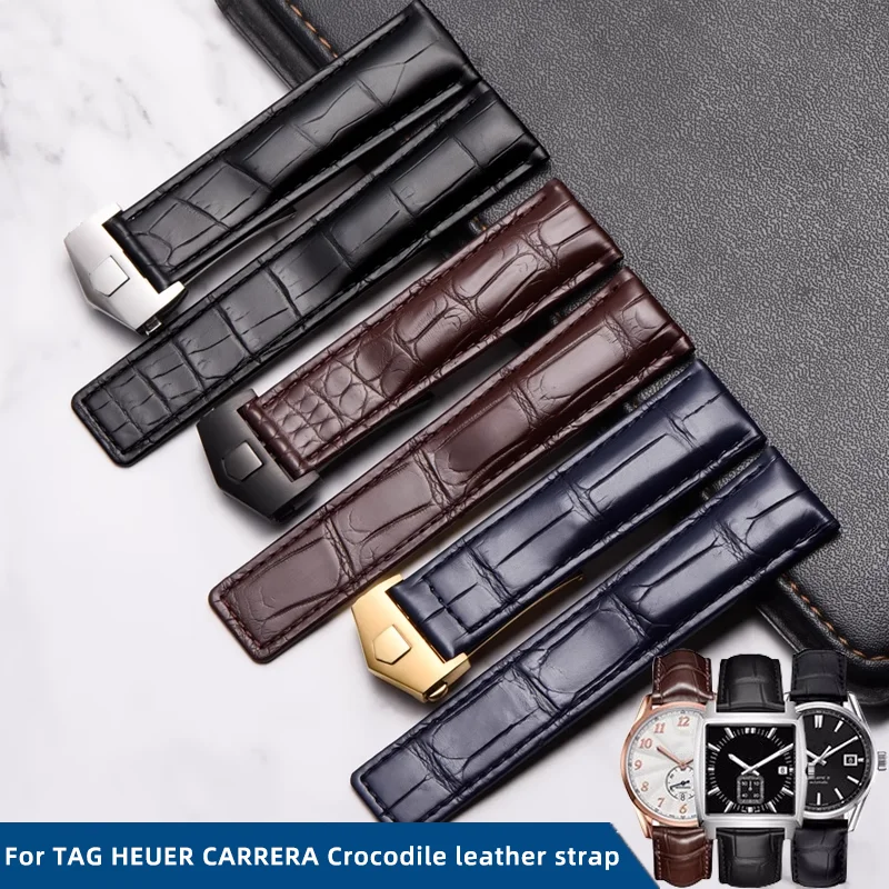 19mm 20mm 22mm Crocodile leather strap for Tag Heuer Watch Carrera Monaco Watch Belt Blue Brown Bracelet Wristwatch Watchband