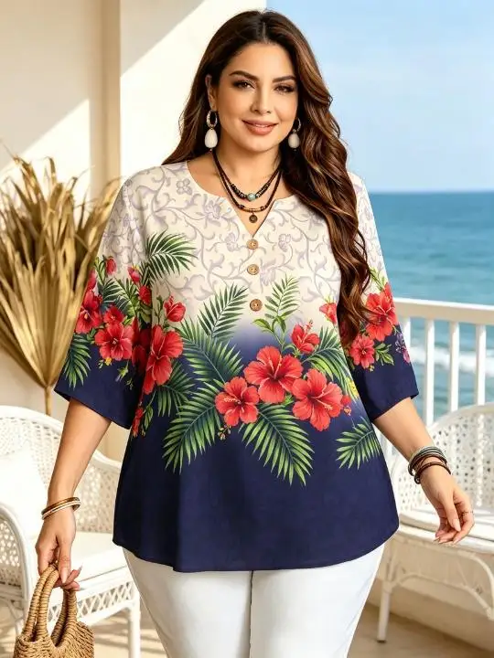 Tropical Gradient Floral Leaf All Over Print Women Blouse 3/4 Sleeve Notch V Neck Decor Button Vacation Daily Tops
