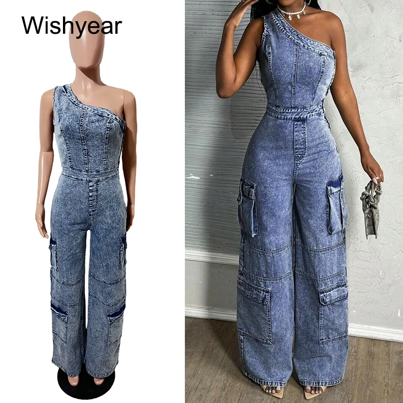 

Blue Jean Rompers Women's Denim Sleeveless One-Shoulder Slanted Collar Jumpsuit with Multi-Pockets Wide-Leg Streetwear Overalls
