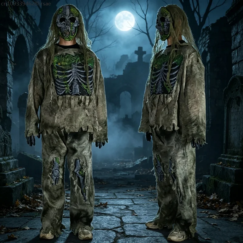 Gruseliges Zombie-Skelett-Kostüm, zerrissenes, verfallenes Geister-Outfit mit Totenkopfmaske und Handschuhen, Unisex Halloween Spukhaus Cosplay-Set