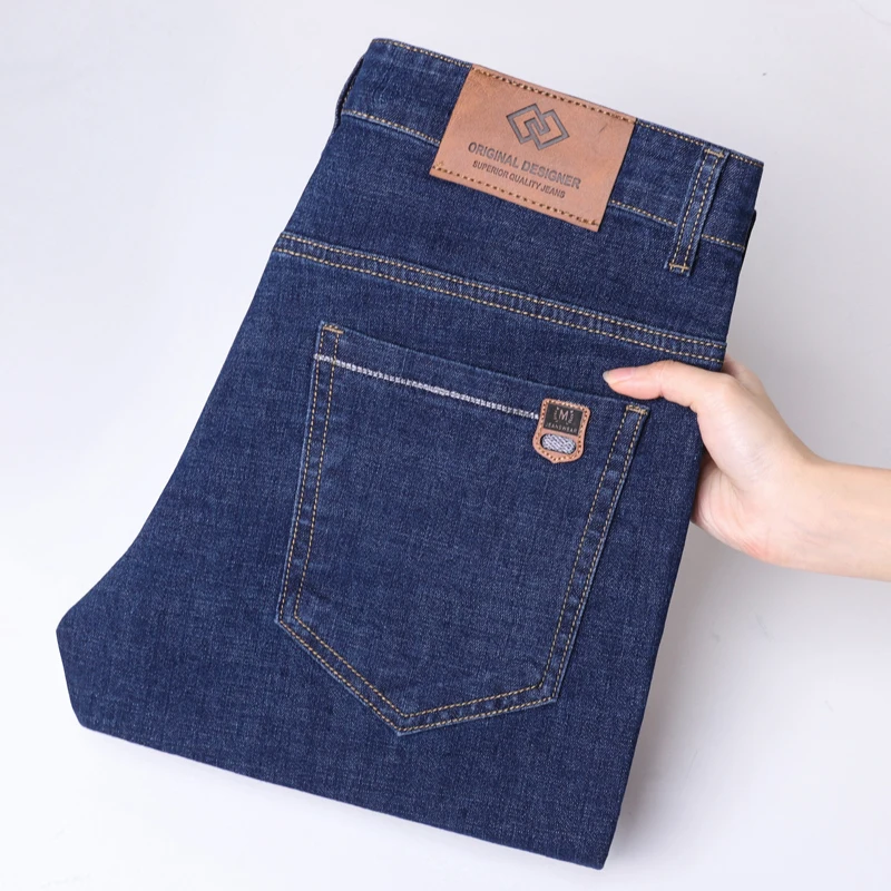 Picture 6: Ice Silk Thin Denim Jeans for Men Blue Straight Stretch Cotton Pants Business Casual Lightweight Trousers Spring Summer Workwear