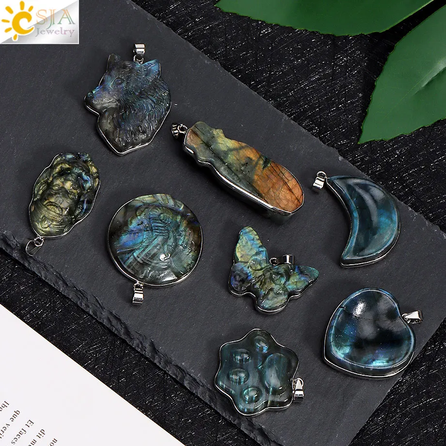 Labradorite Moon Pendant for Necklace Natural Stone Wolf Butterfly Crystal Carving Flash Healing Energy Pendants Jewelry H482