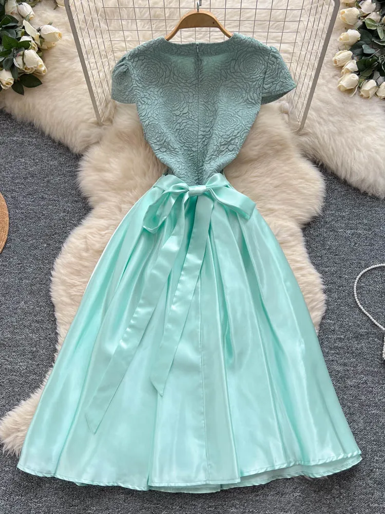 เอเล่ ซาติน ลองดรกระโปรงทรงเอเอวสูงแฟชั่นฤดูร้อนของผู้หญิง เหมาะสำหรับเดินทางไปทำงาน ชุดราตรีสวยๆ สไตล์เกาหลี