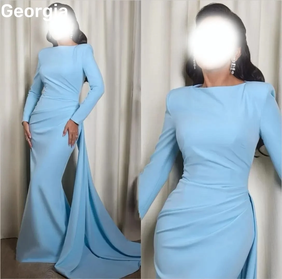 

Customized Evening Dresses Sheath Scoop Neckline Floor-Length Wedding Dress Ruffle Zipper Up Long Sleeves Luxury Evening Dress