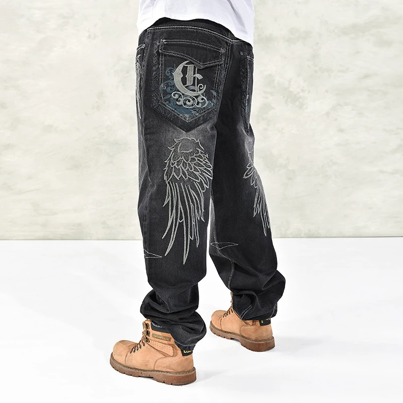 

Hip Hop Graphics Embroidered Jeans Men Oversized Loose Fat Guy Skateboard Pants Streetwear Trendy High-quality Denim Trousers