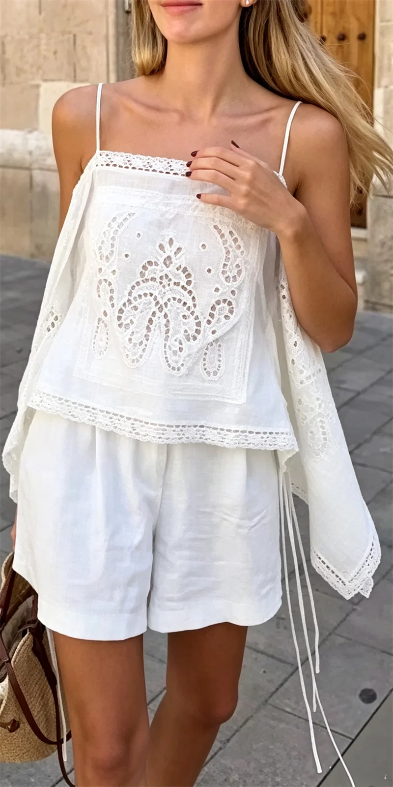 Guobioziy 2026 Women's Summer Spaghetti Strap Top Boho Beachwear Hollow Embroidery Casual Vacation Blouse