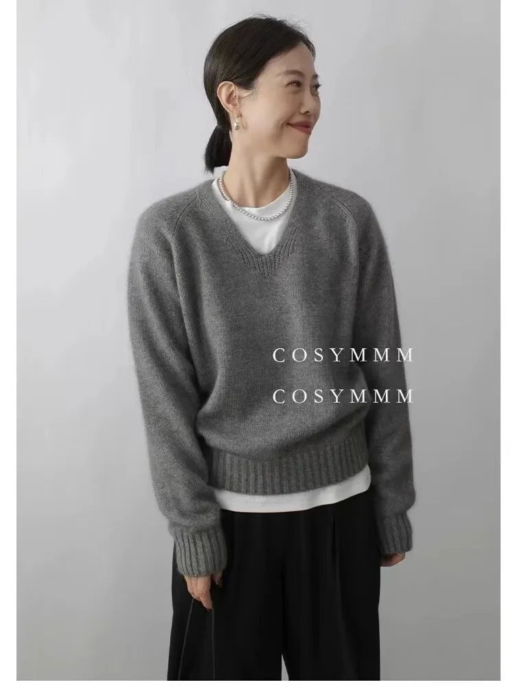 Commuter loose V-neck cashmere knitwear women autumn and winter Korean version large size pullover sweater pure wool base shirt