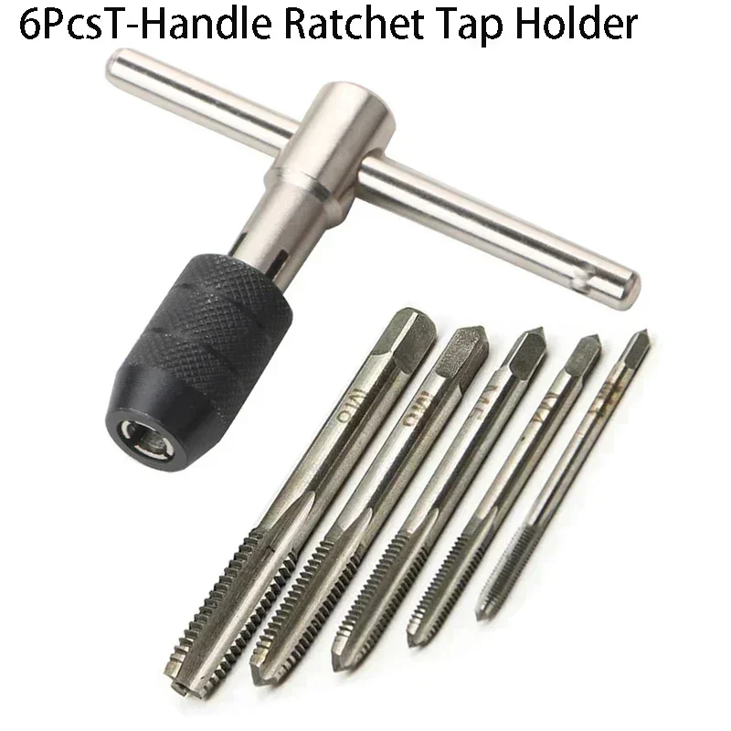 Adjustable T-Handle Ratchet Tap Holder Wrench with 5pcs M3-M8 Machine Screw Thread 3mm-8mm Metric Plug T-shaped Tap Hand Tools