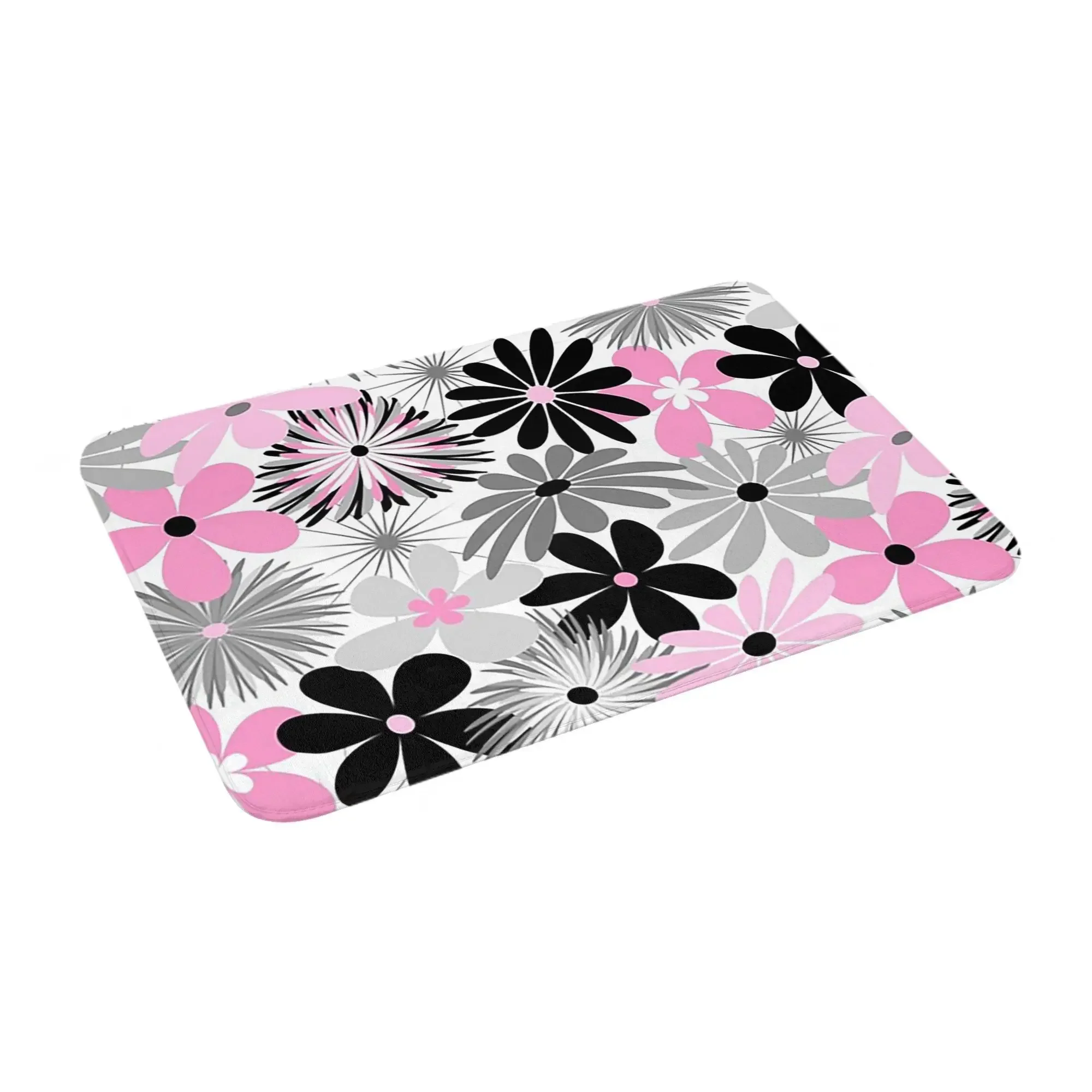 Mid Century Modern Funky Flowers in Pink Gray Black and White Anti-slip Doormat Floor Mat Entrance Home Living room Footpad Mats