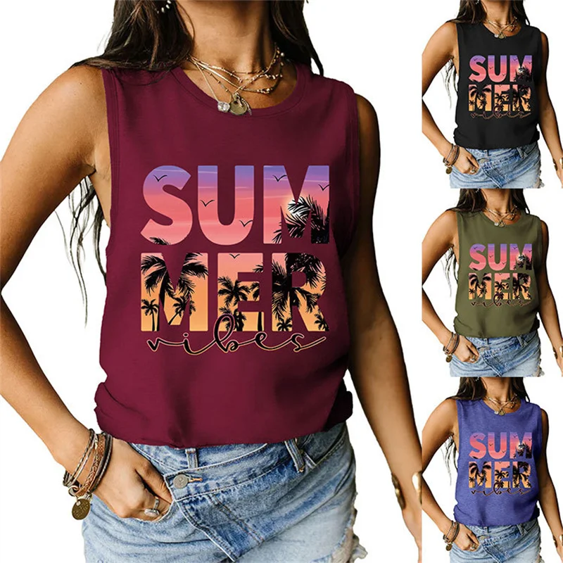 

New summer fashion simple cotton women's SUM MER VIBES coconut tree print loose sleeveless beach vest