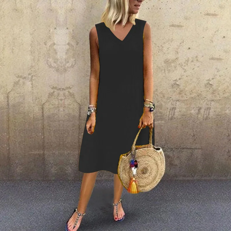 

Women Summer V-neck Vest Dress Casual Sleeveless Basic Cotton Vacation Beach Khaki Midi Dresses Black Yellow Robes Vestidos