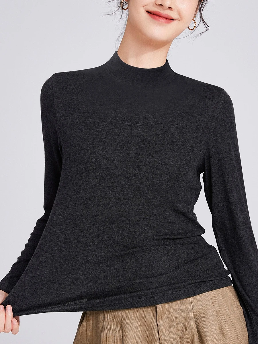 Women Lyocell Wool Mock Neck Long Sleeve T-shirt 2026 Fall Winter Slim Fit Thermal Warm Base Layer Elegant Casual Basic Tops