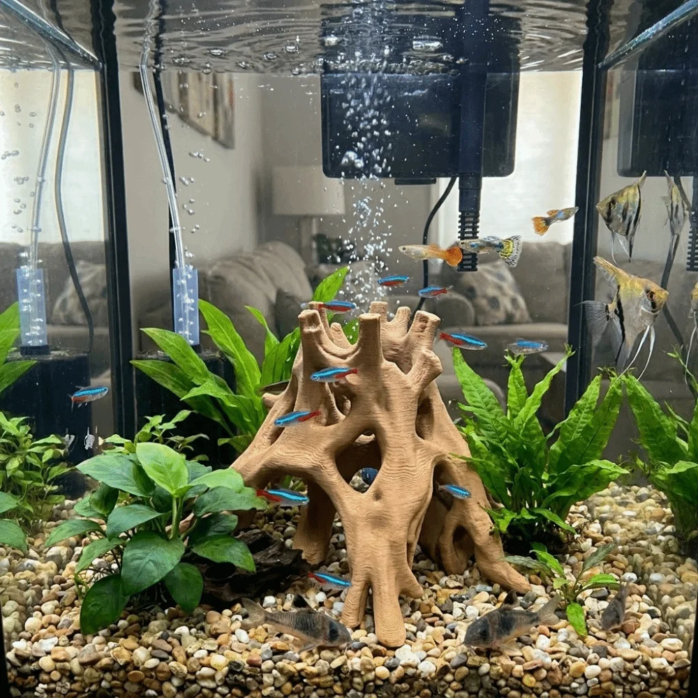 Tree Trunk Fish Shrimp Hiding Cave Plastic Unique Driftwood Landscape 3D Printed Multi-Hole Tree Root Caves Terrarium Decor