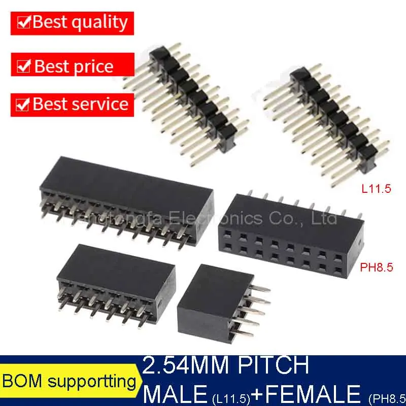 10 pairs 2.54 Male L11.5 and FemalePH8.5 Double Row Pin Header PCB JST Connector Strip for Arduino Black 2/3/4/5/6/7/8/9/10-40P