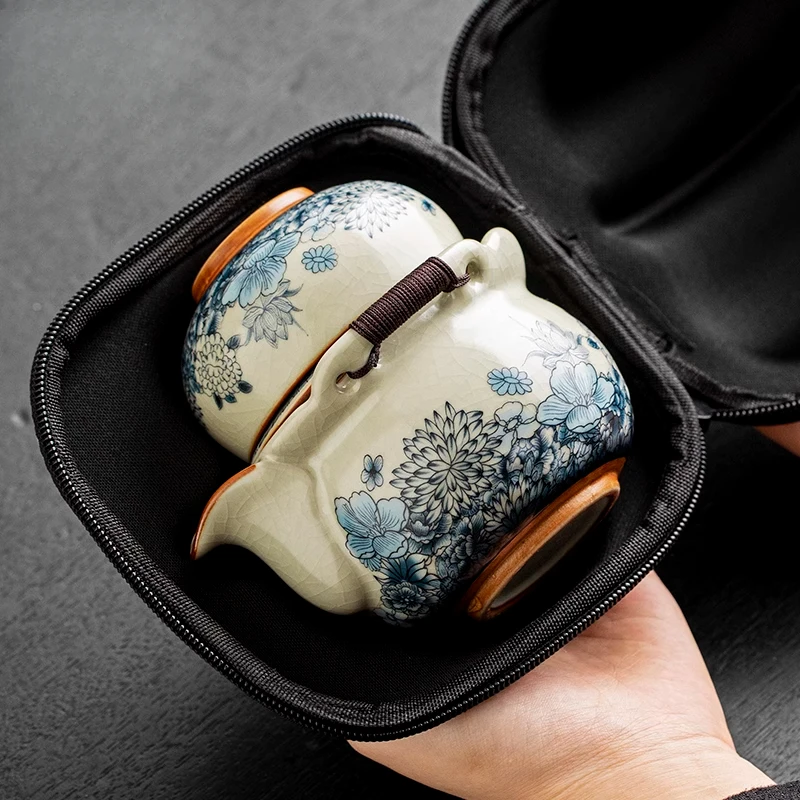 

Ru Kiln One Pot Три чашки Открытый Кемпинг Путешествия Чайный сервиз Портативная сумка Чайник Чайные чашки для одного человека Быстрые чашки для гостей