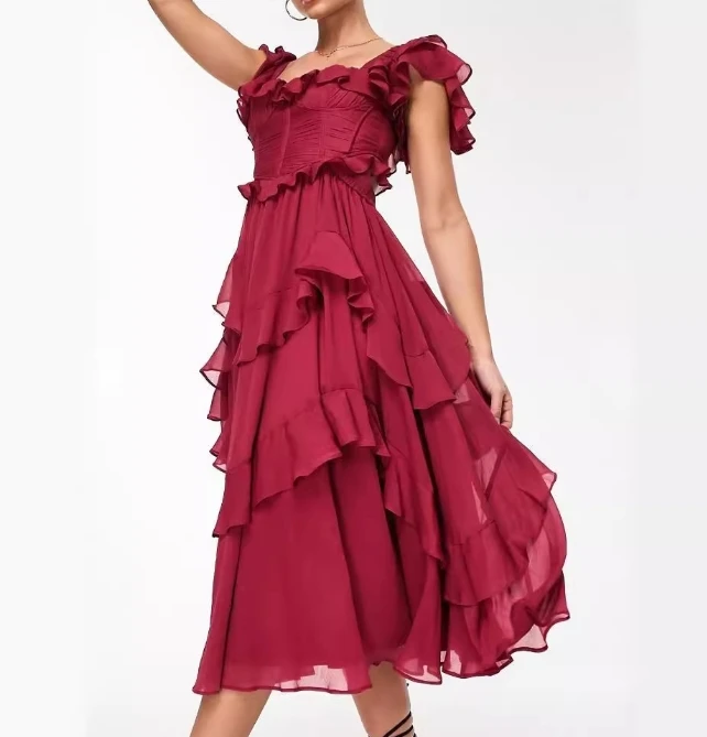 Vestidos de festa elegantes femininos sexy vestido de férias renda sem costas oco bolo saia em camadas plissado borda prazer vestido longo feminino