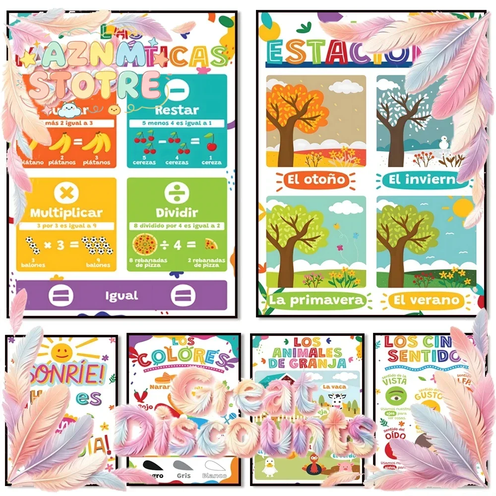 Spanish - Alphabets, Five Senses, Time, Numbers 1-10, Farm Animals, Shapes, Weather Posters, Spanish and ESL Classroom Gifts,