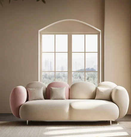 Compact Modern Cream Velvet 3 Person Minimalist Style Sofa