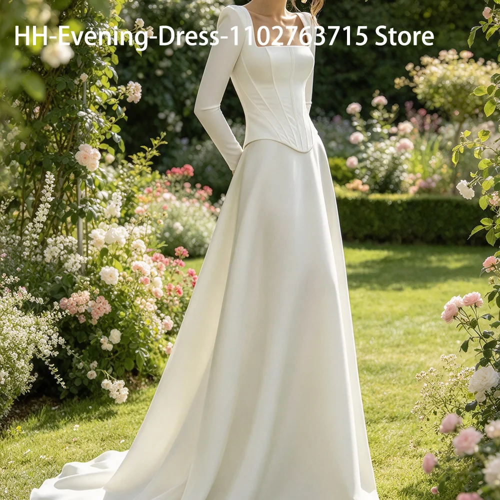 Classic Square Collar Satin Full Sleeve Lace Up A-Line Bride Wedding Dresses Bridal Gowns Customized
