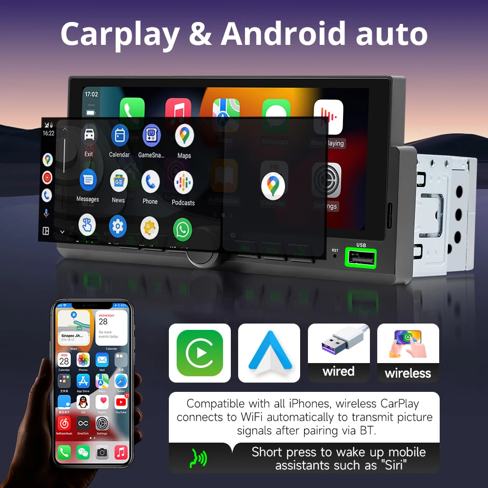 1Din Car Radio 6.86inch Wireless Carplay Android Auto Mirror Link Car MP5 Player FM RDS Bluetooth WIFI Touch Screen Auto Stereo