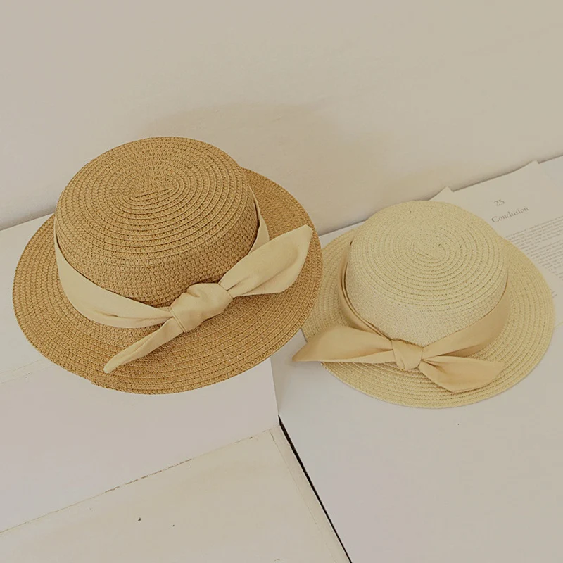 French Bow Kids Straw Sun Hats Kids Girls Summer Beach Hats 50-52-54cm Children Flat Visor Caps Sun Protection