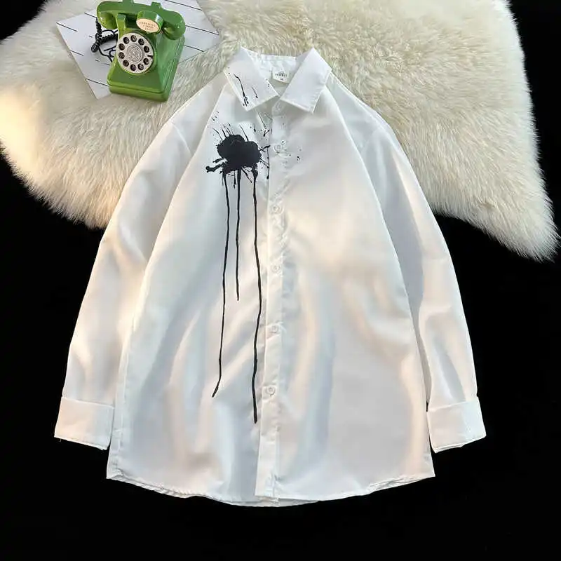 

Ele Rose Pattern White Long Sve irt for Women Summer Casual Wear Stand Fit Youthful Sle Versatile Seasonal Use