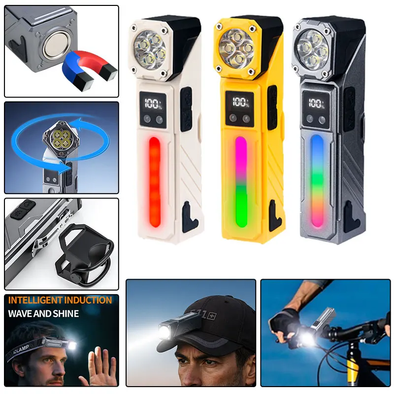 Multi-Functional LED Headlamp with Digital Display 90° Rotation Tail Magnet Rechargeable Headlight for Cycling Outdoor Camping