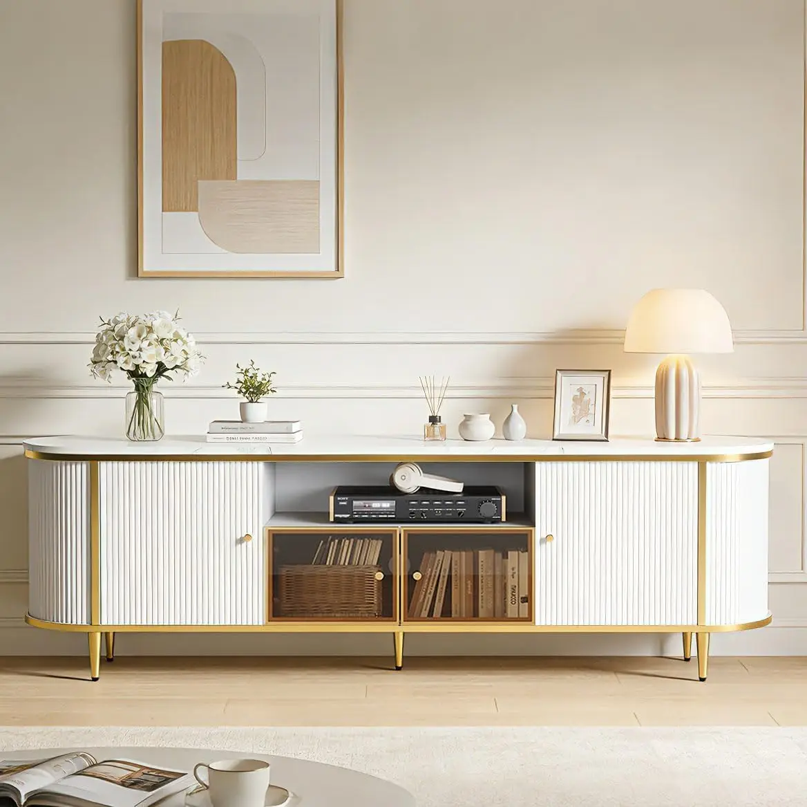 

Роскошная тумба под телевизор с рифленой отделкой, 70 дюймов, с местом для хранения, современный развлекательный центр для телевизоров до 80 дюймов, ТВ-консоль с просторным столом