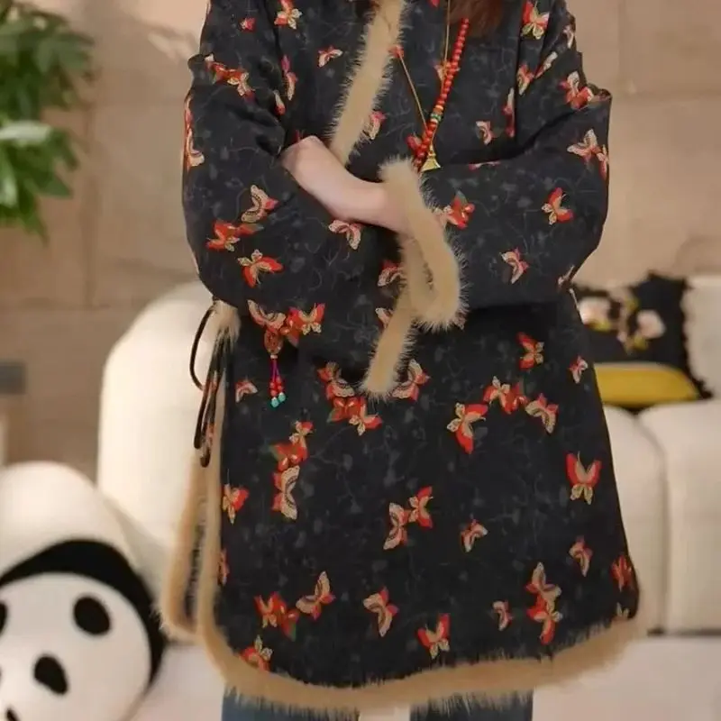 

Chinese Style Frog Button Jacket Women Autumn New Fur Splicing Flower Soft Print Coat Long Sleeve Warmful Womens Clothing