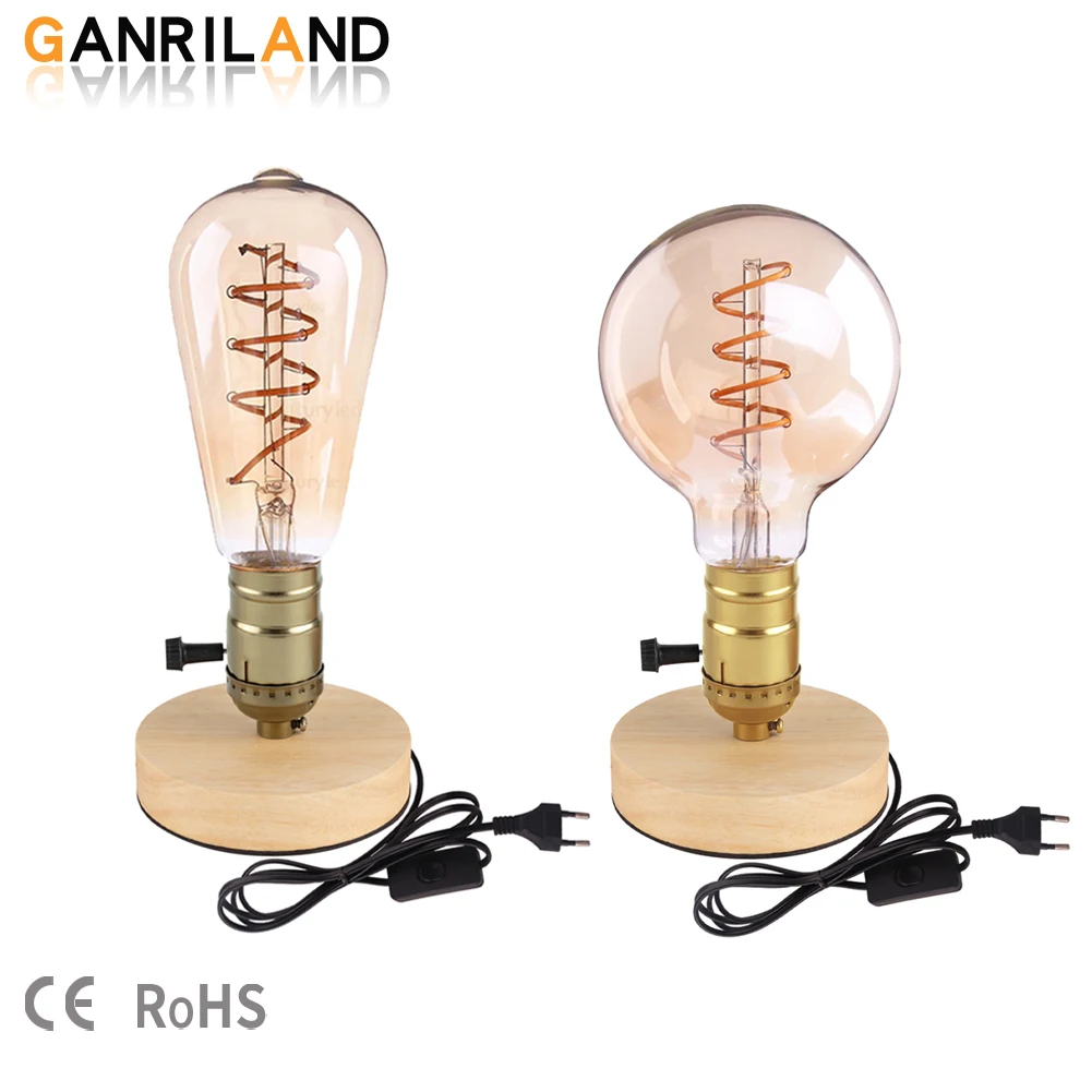 

GANRILAND E26 E27 Wood Table Lamp Decor ST64 G95 3W Sprial Filament Bulbs 110V 220V Desk Bedside Lamp EU Plug Base Holder Socket