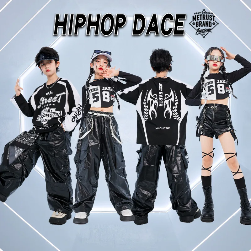 Kinder Street Dance Performance Outfit Motorradjacke Glänzendes Leder Show Off Mädchen Jazz Dance Kostüm Trendy Girl Group