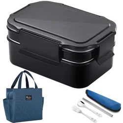 1.6L Stainless Steel Black Lunch Box Food Container Camping Picnic School Worker Office Leakproof Bento Box Japanese 2 Layer Set