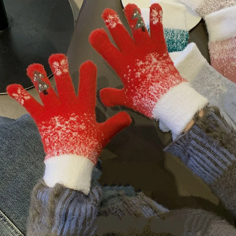 2Pcs (1 Pair) Three Colors to Choose From, Cute Christmas Red Fingerless Touchscreen Plush Knitted Five-Finger Gloves for Women, Winter Warm Fleece-Lined Thick Cold-Proof Cycling Gloves