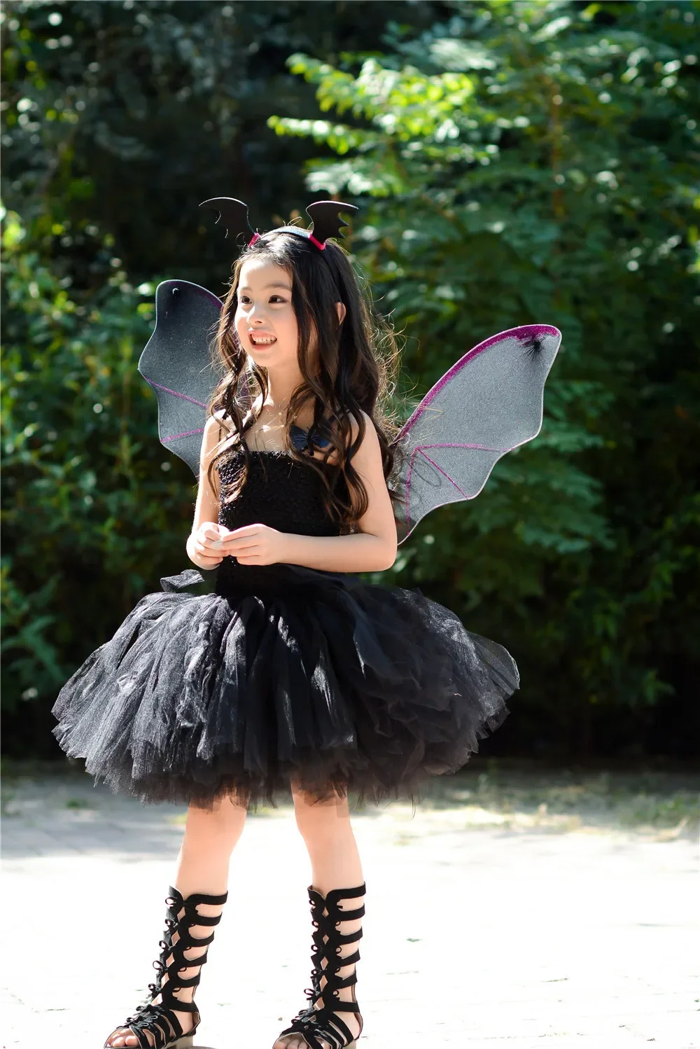 Bat Cosplay Kids Dresses for Girls with Headband Black Halloween Vampire Toddler Girls Tutu Dress for Cosplay Party