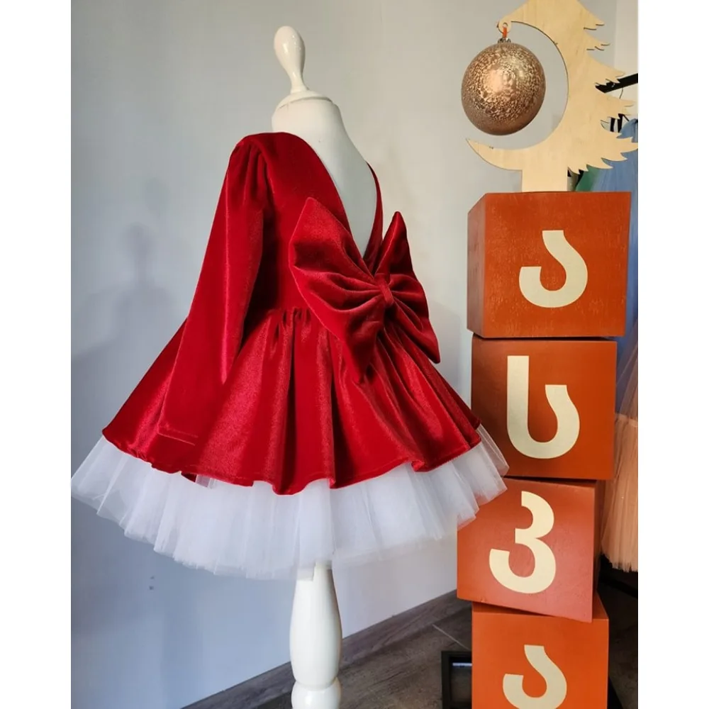 

Customized Velvet Flower Girl Dress for Wedding 2026 A Line Mini Ball Gown with Bow Birthday Party First Communion Kid's Gowns