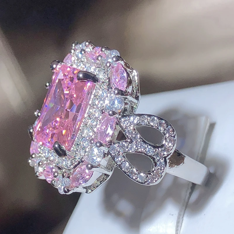 Sparkling Pink Zircon Collection Square Ring Female 925 Stamp New Fashion Jewelry Party Birthday Gift Wholesale