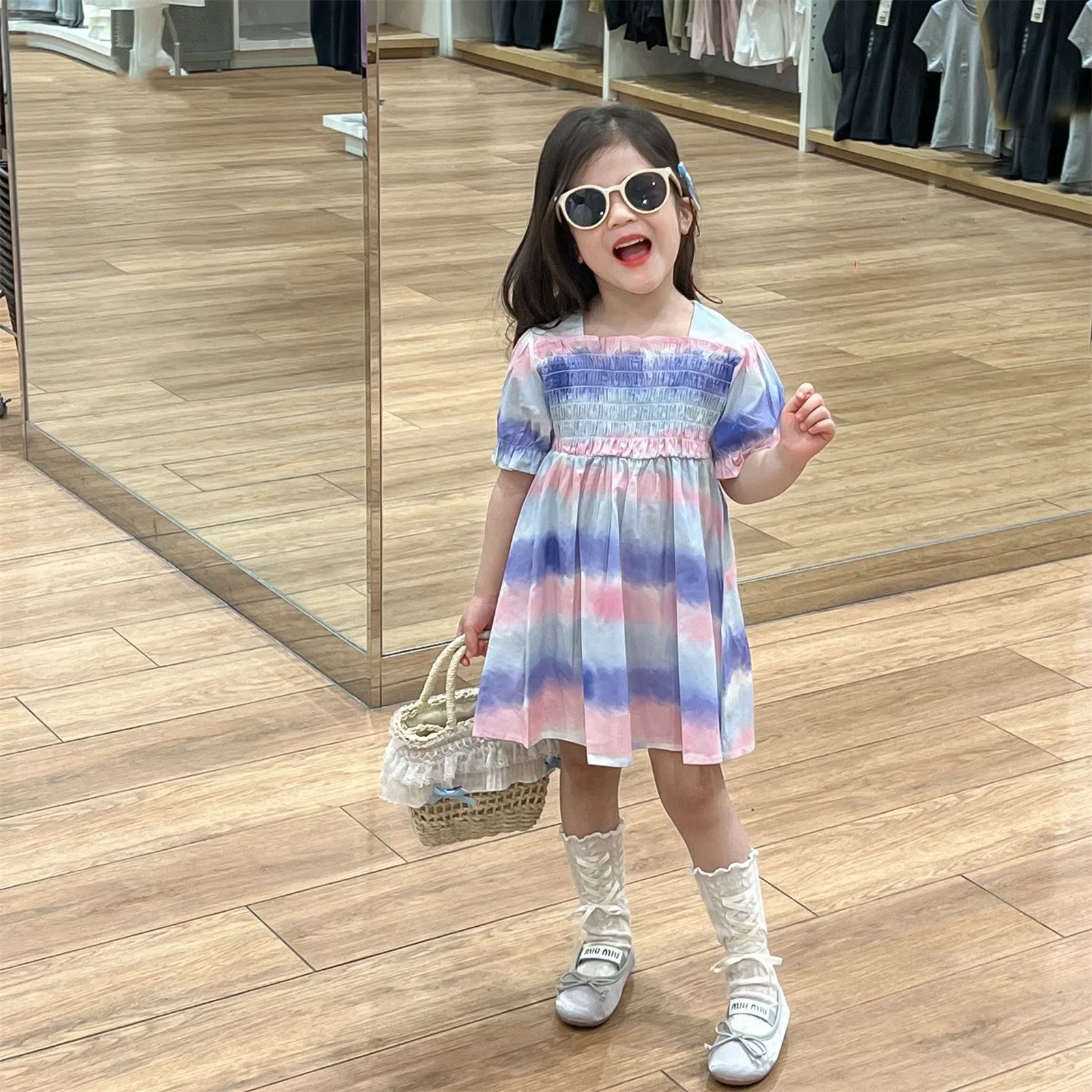 Children Dress 2024 Summer Korean Girl Sweet Craft Pull Blending Gradient Cotton Dress Girl Fashion Beach Style Skirt Dresses