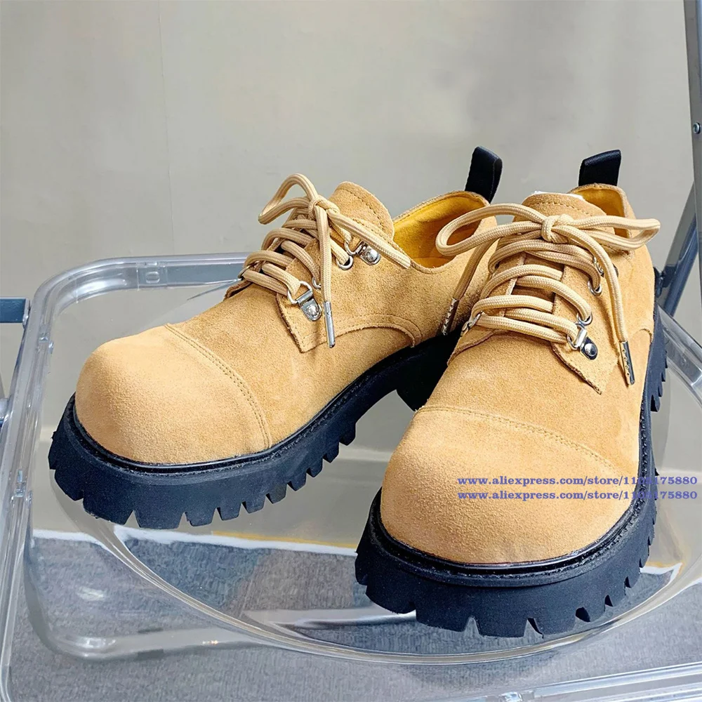 

Thick Soled Height Increasing Derby Shoes Round Toe Leather Casual Shoes Trendy Luxury Outdoor Yellow/black Suede Shoes for Men