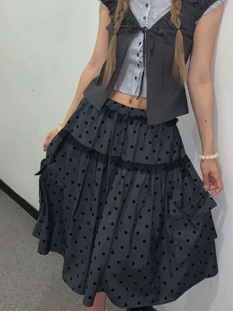 New Vintage Aesthetic Grey Design Polka Dot Skirts Women American Retro Cute Skirts Japanese A-line Lace Fashion Casual Clothes